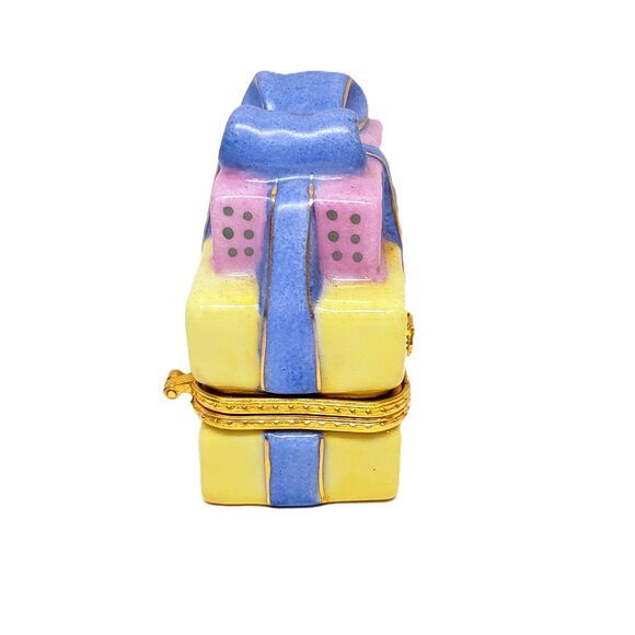 Trinket Gift Box Stack of Birthday Presents Ceramic Hinged Yellow Pink Gold 3" - Picture 4 of 7